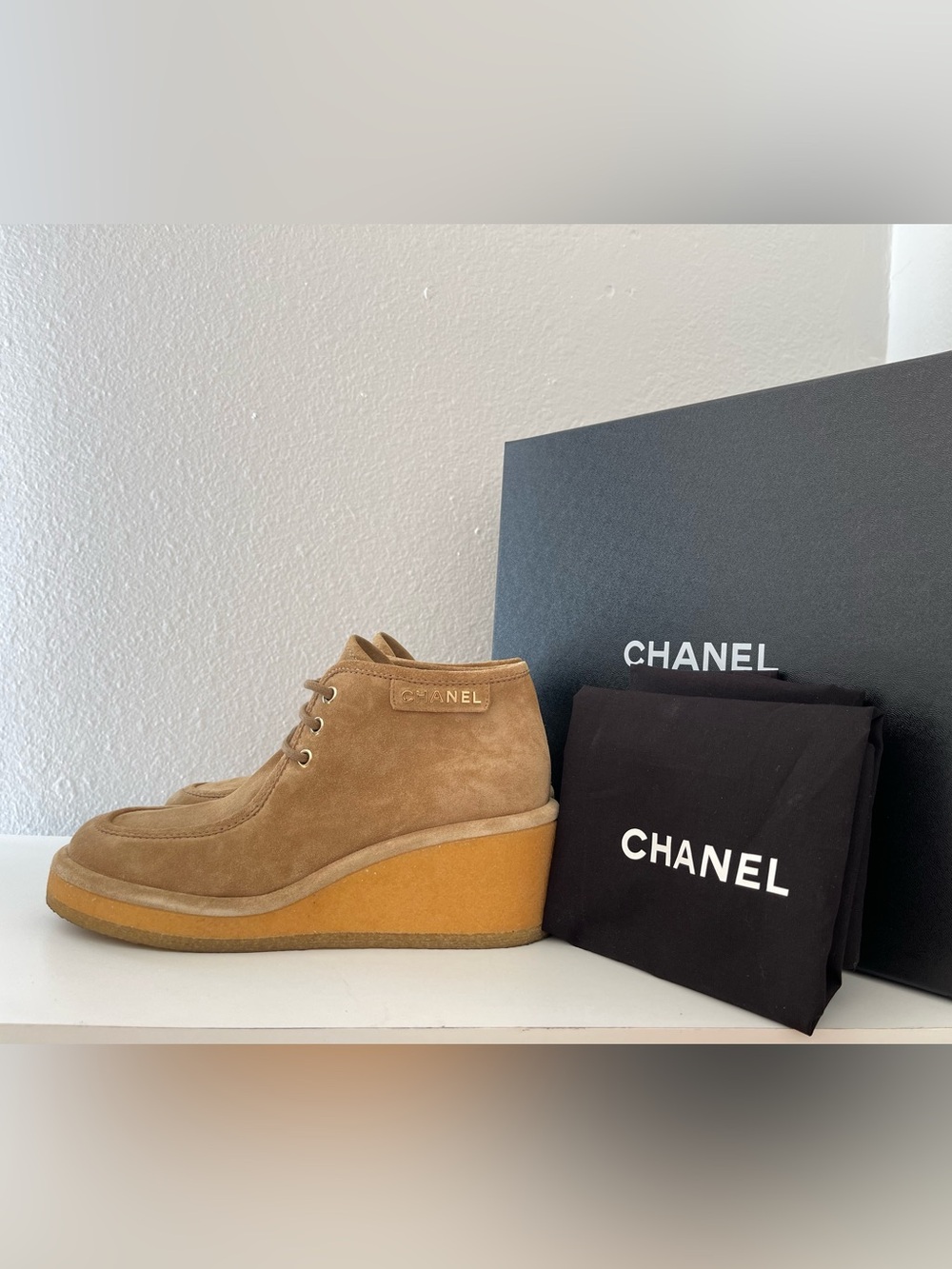 CHANEL Tan Suede Wedge Ankle Booties with Gold Logo